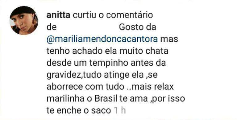 Anitta curte comentário que critica Marília Mendonça: "Chata"
