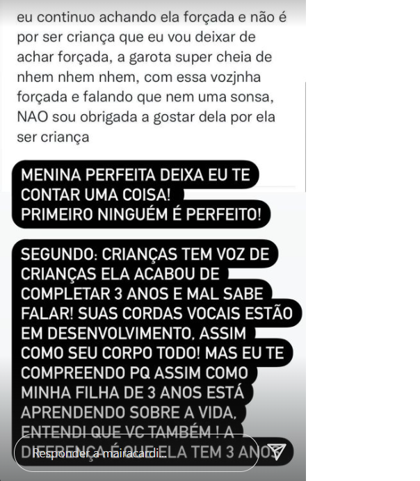Maira Cardi responde seguidor
