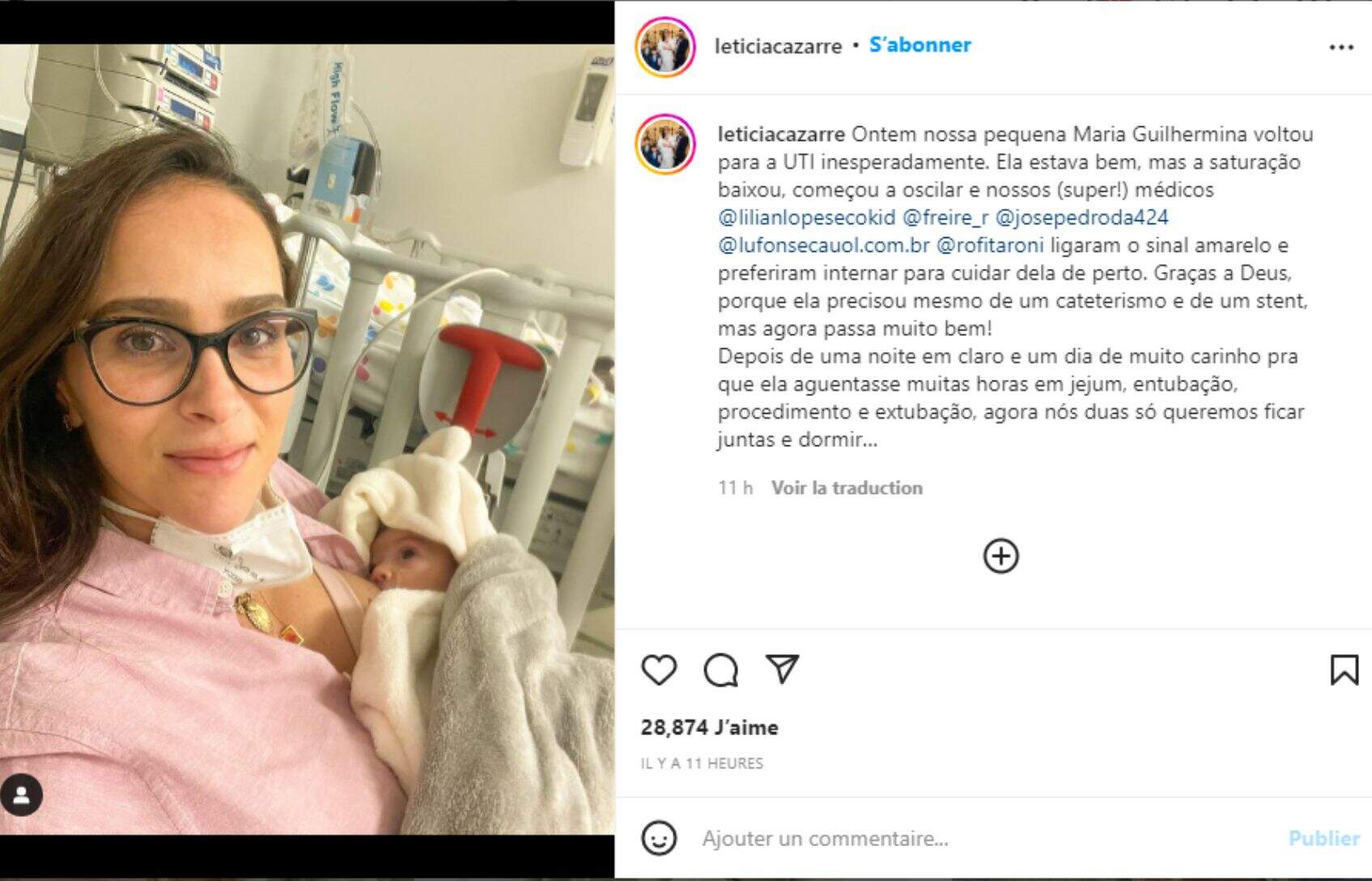Letícia Cazarré agradeceu aos médicos que cuidaram da sua filha