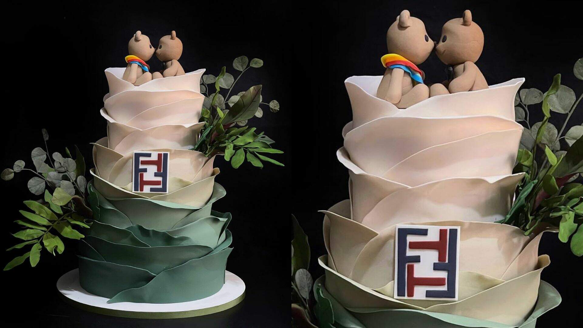 O bolo contou com dois ursos no topo e o monograma com as letras dos noivos