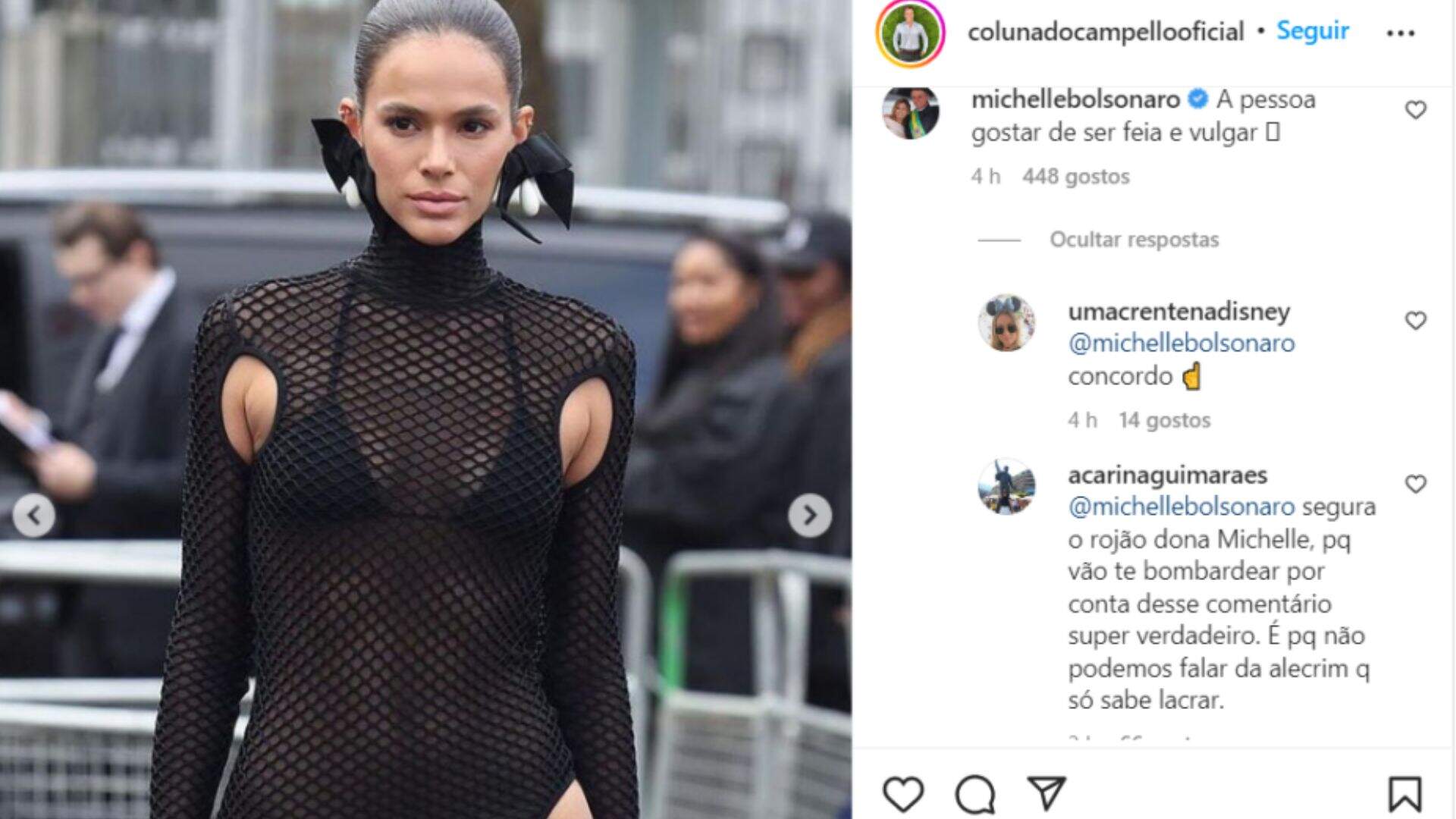 Michelle Bolsonaro criticou a roupa de Bruna Marquezine