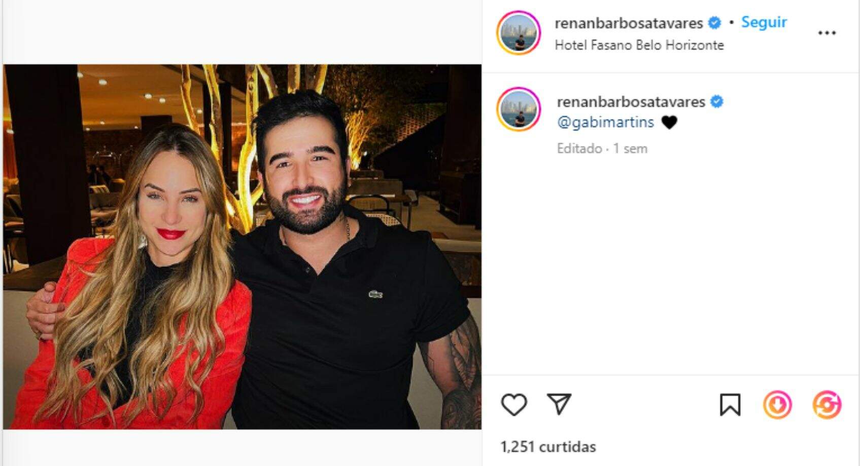 Gabi Martins e Renan Barbosa estão mais próximos desde agosto 