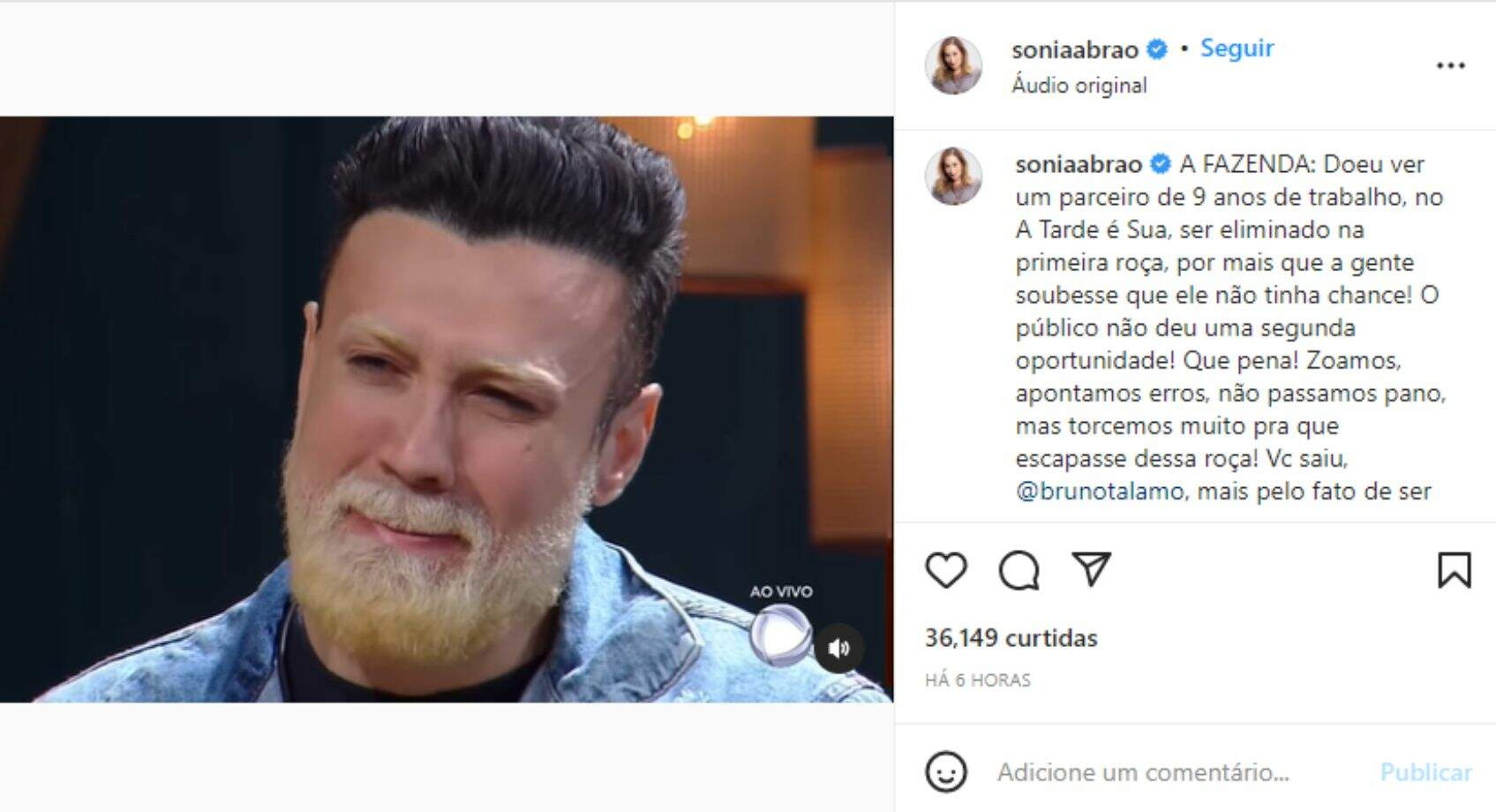 Sônia Abrão comenta sobre a eliminação de Bruno Tálamo