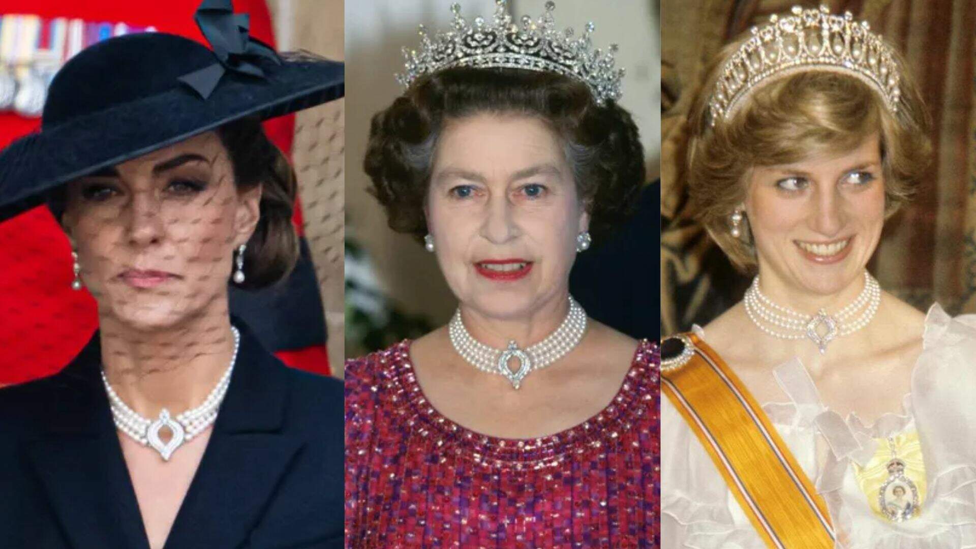 Durante o funeral, Kate Middleton usa o colar da rainha Elizabeth II