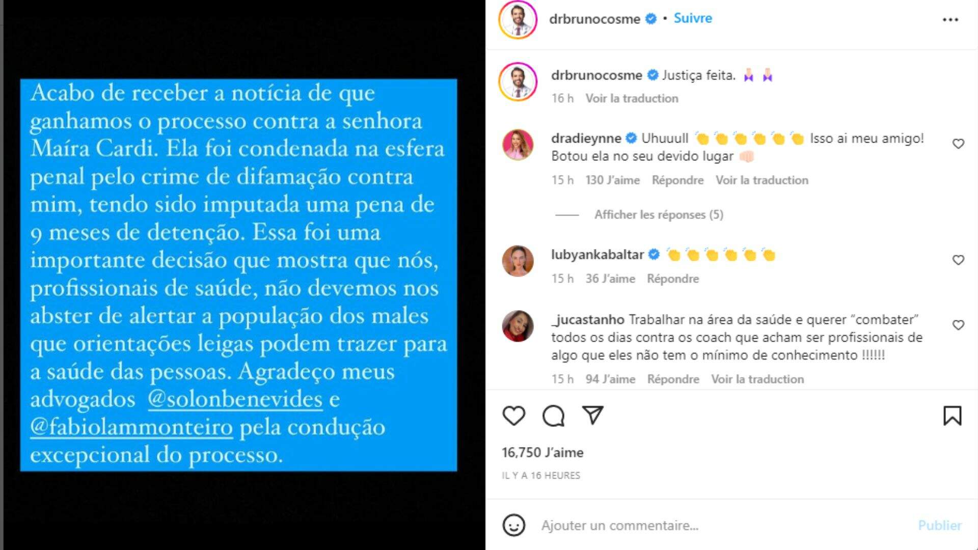 Bruno Cosme anunciou o resultado de sua batalha judicial com Maíra Cardi em suas redes sociais 