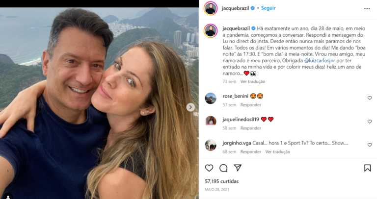 Em 2021, Jacqueline Brazil comemorou um ano de namoro com Luiz Carlos Júnior, comentarista do SportTV