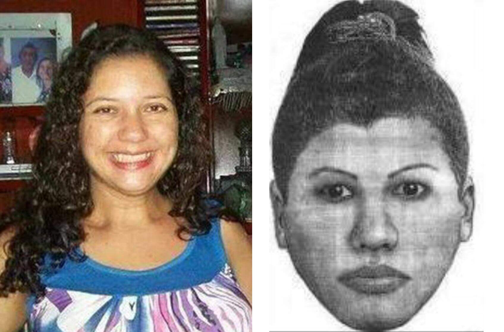 Fabiane Maria de Jesus ao lado do retrato falado publicado na época pela página "Guarujá Aleta"