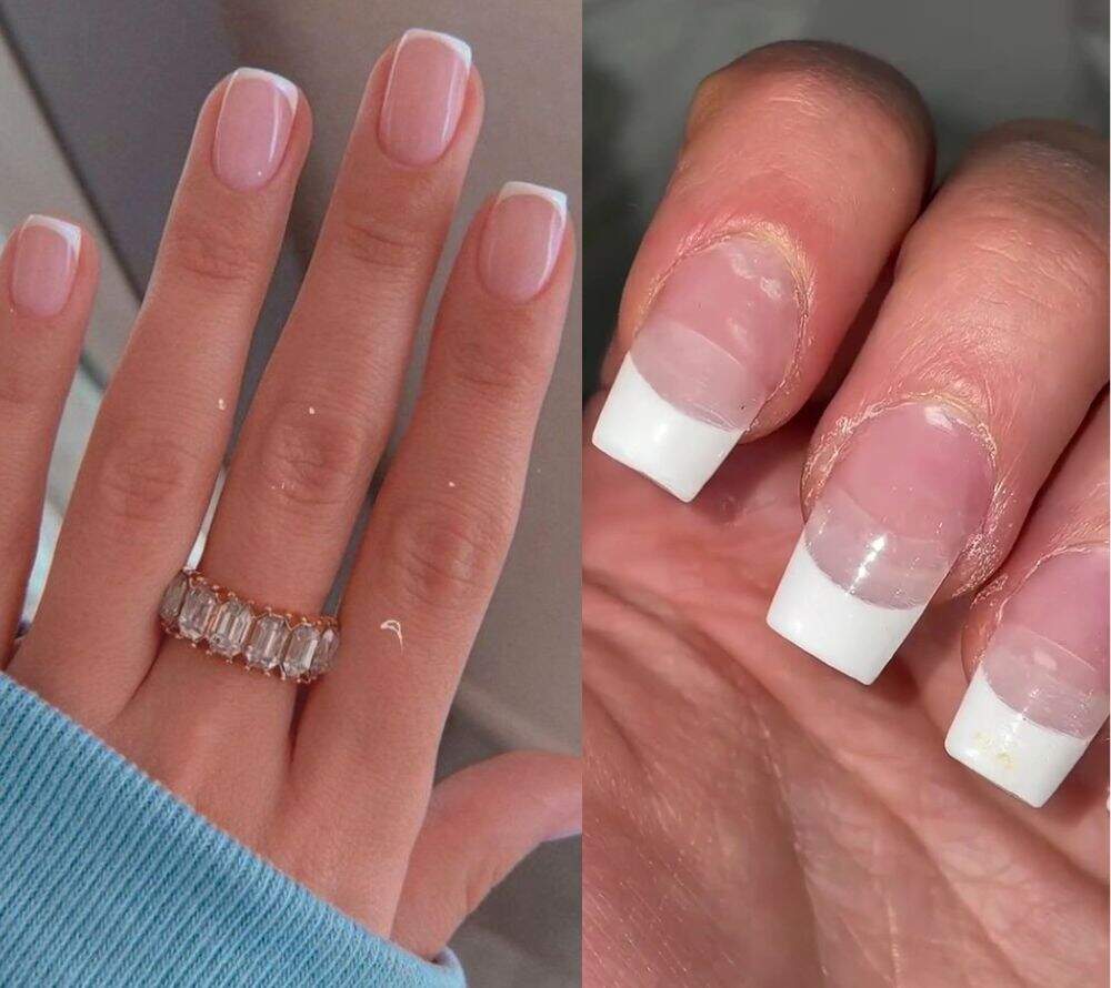 A imagem da esquerda é a expectativa da jovem inglesa, enquanto a imagem da direita é o resultado de sua manicure 