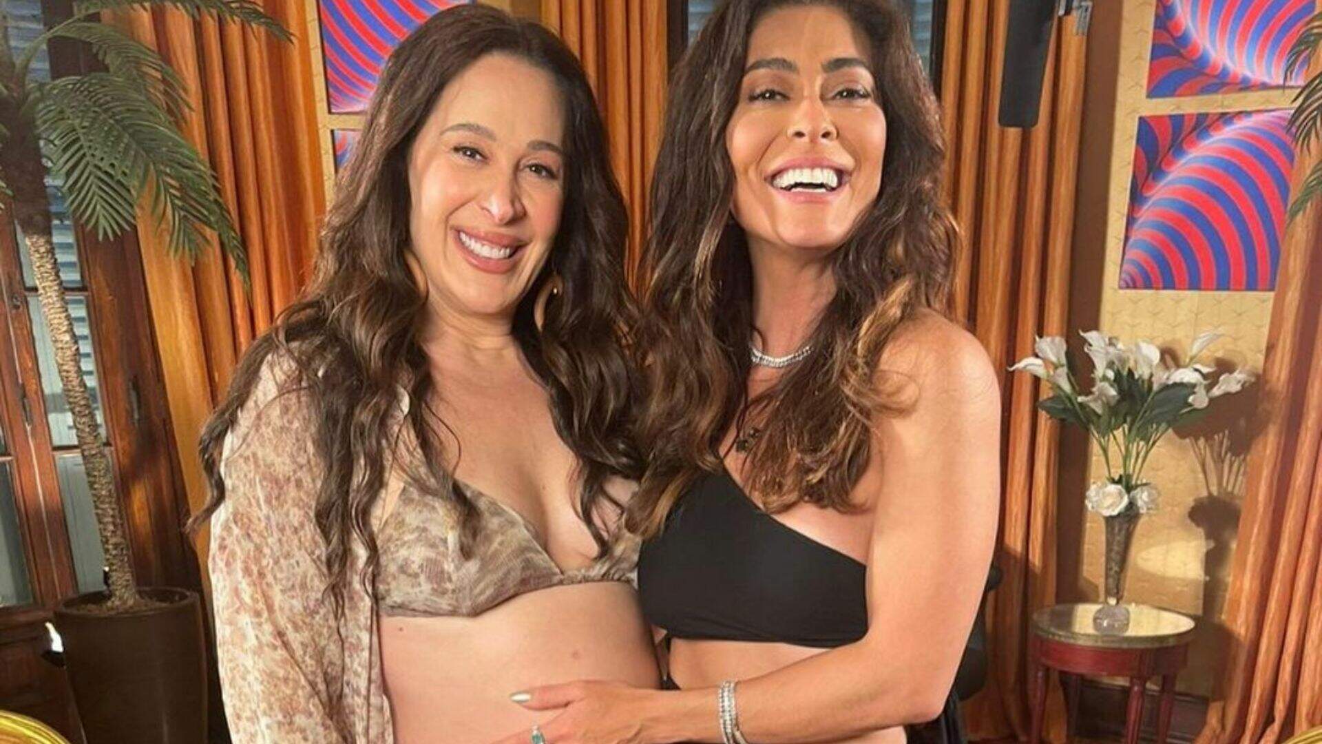 Que amor! Juliana Paes posa ao lado de barriga de grávida de Claudia Raia
