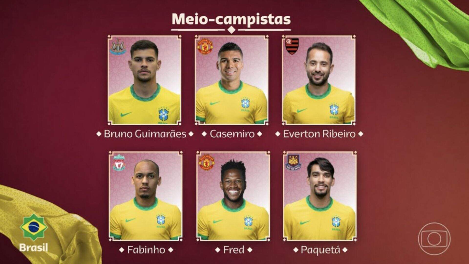 Bruno Guimarães, Everton Ribeiro e Casemiro foram alguns dos convocados para a Seleção Brasileira na Copa do Mundo em Catar