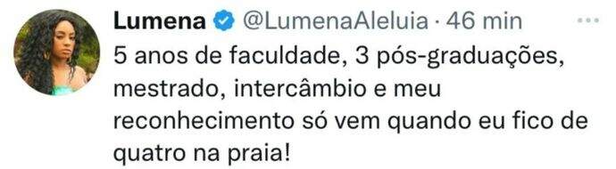 O tweet de Lumena Aleluia sobre a sua exposição não ficou muito tempo nas redes sociais