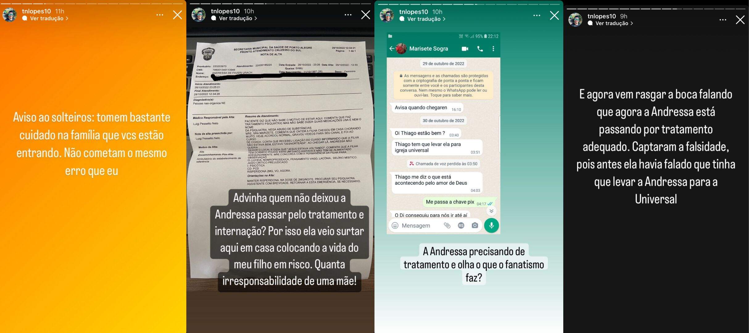 Thiago Lopes, marido de Andressa Urach, compartilha prints de sua conversa com a sogra sobre a internação da esposa