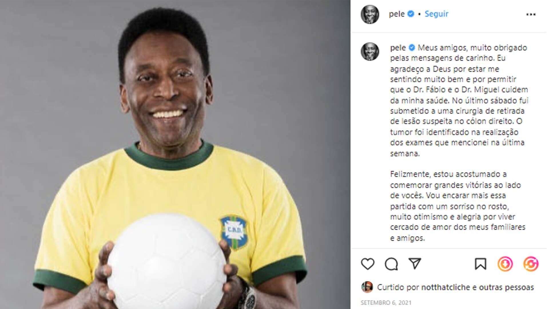 Após a cirurgia de retirada do tumor, Pelé agradeceu a sua equipe médica