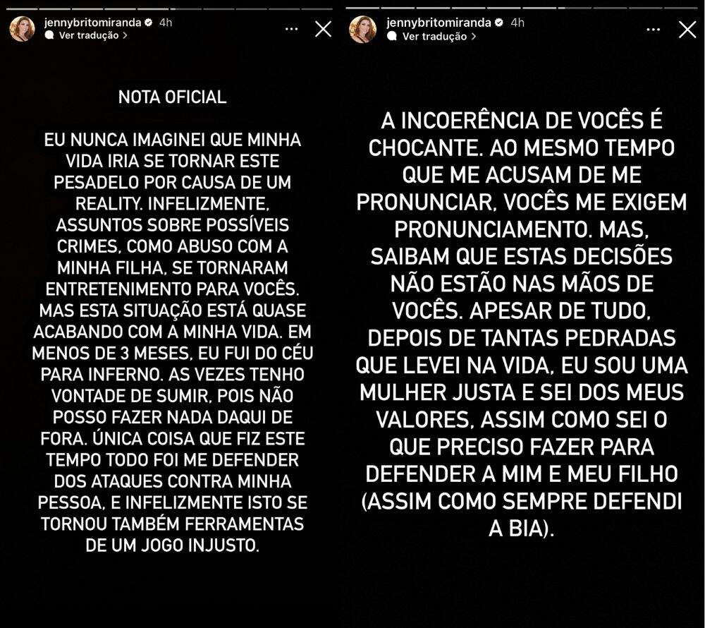 Jenny Miranda se pronunciou sobre os casos de abuso da filha 