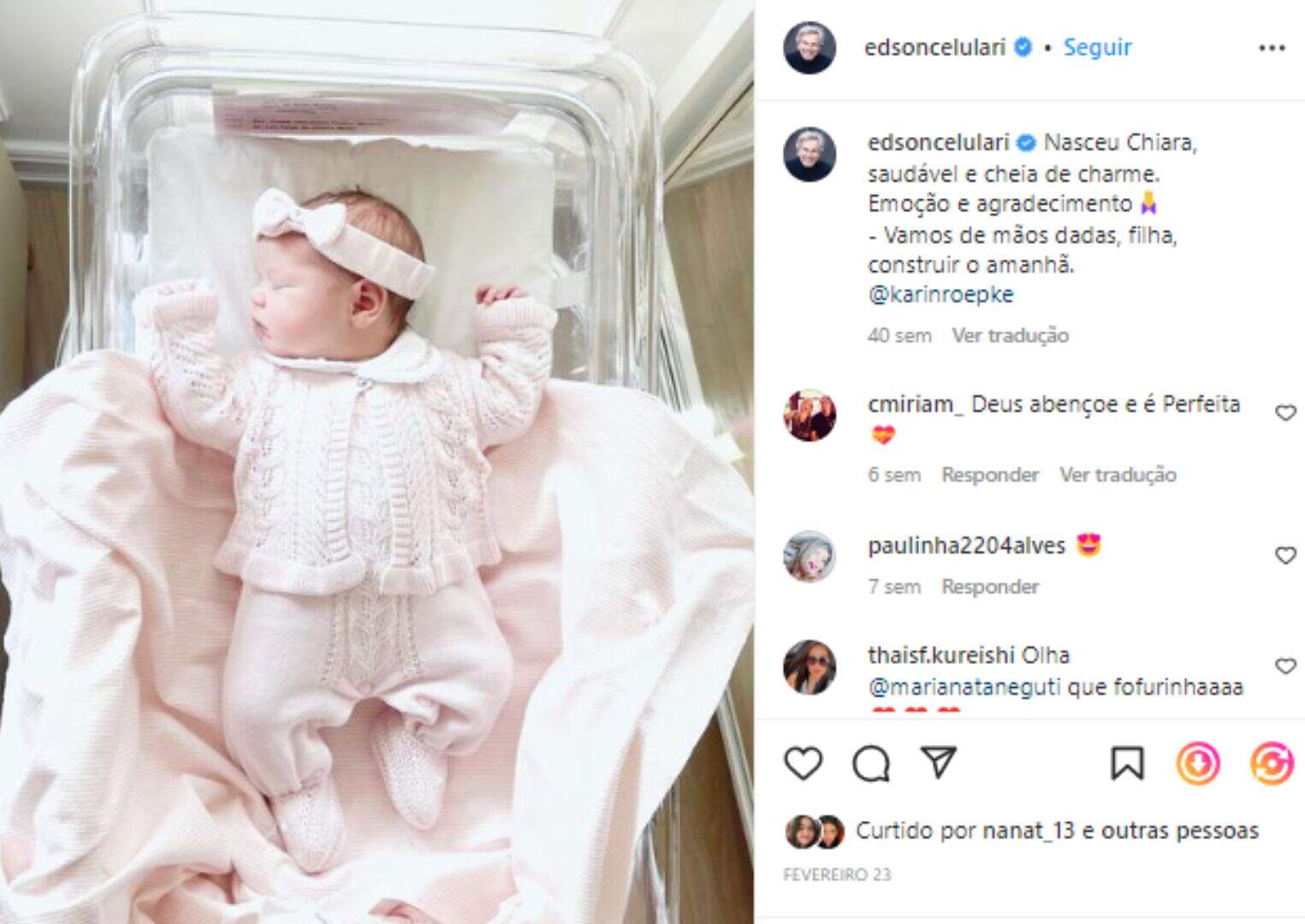 Edson Celulari anunciou a chegada de Chiara através de suas redes sociais 