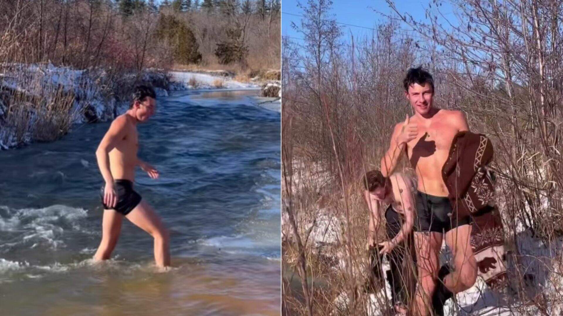 Desafiando o frio, Shawn Mendes mergulha em rio gelado do Canadá só de cueca