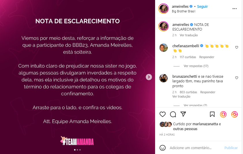 A equipe de Amanda Meirelles desmente boatos de que a sister mantém relacionamento fora do BBB23