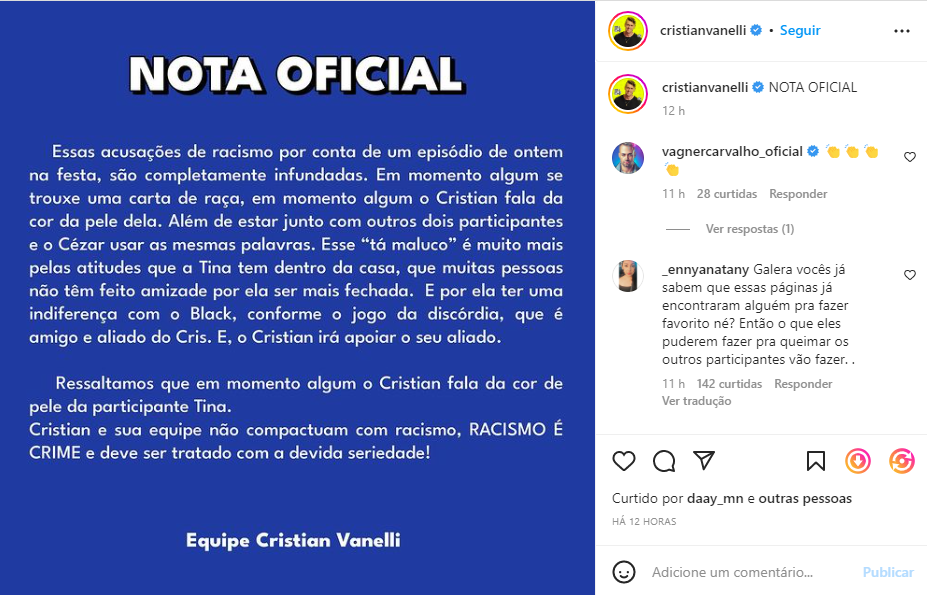 A equipe de Cristian Vanelli se posicionou sobre o possível caso de racismo contra Tina Calamba