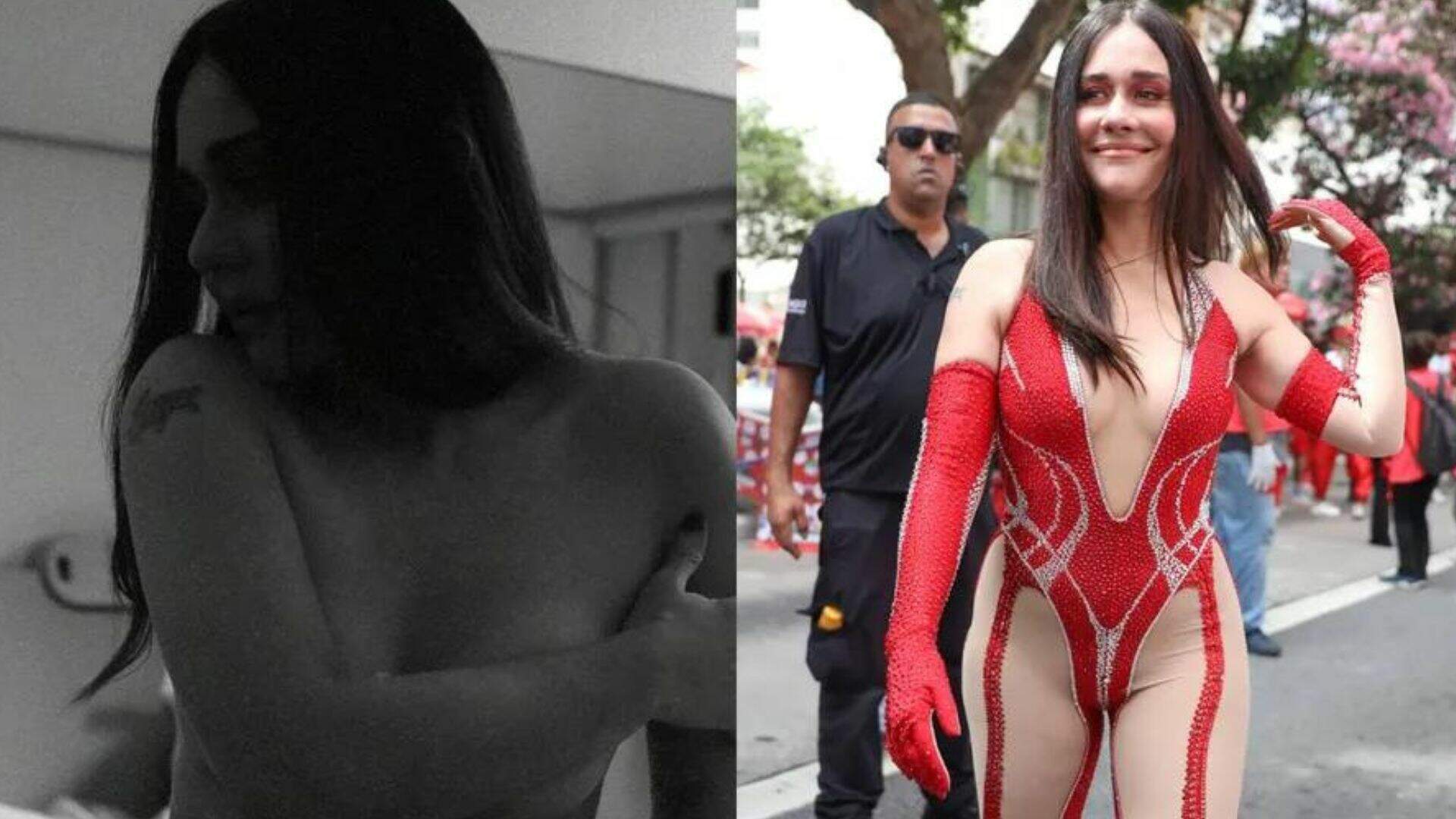 Alessandra Negrini posa nua antes do bloco; atriz elege look vermelho decotado para cair na folia