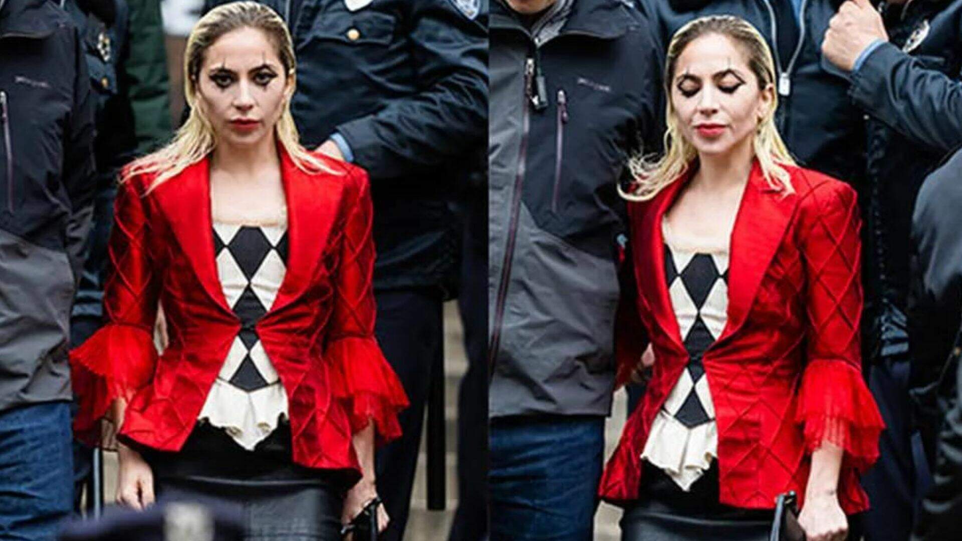 Lady Gaga é flagrada gravando cenas com o novo figurino de Arlequina para o filme ‘Coringa 2’