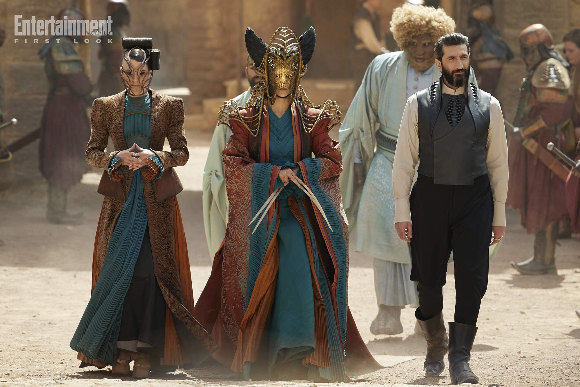 Representatives of the Seanchan Empire, alongside Loial (Hammed Animashaun) and The Dark One (Fares Fares) in 'The Wheel of Time' season 2 | CREDIT: JAN THIJS/PRIME VIDEO