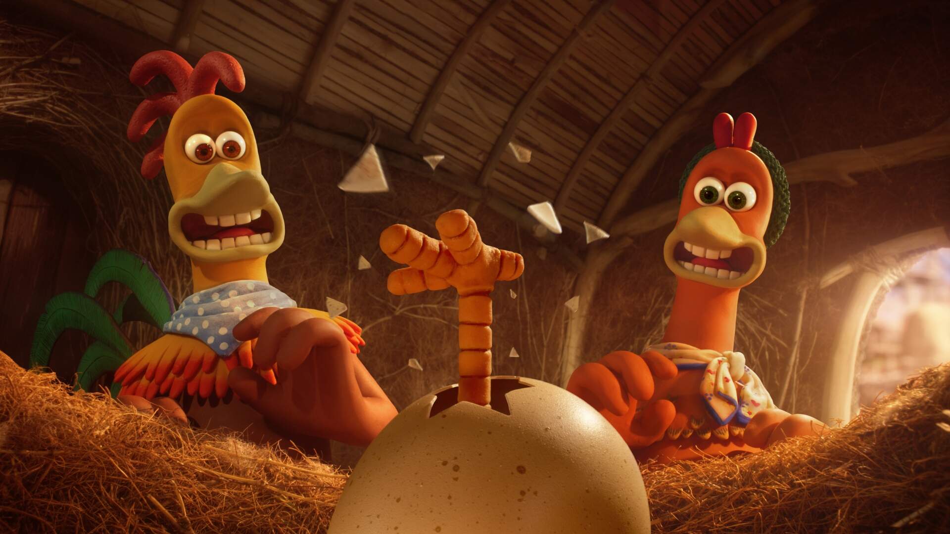 Rocky (Zachary Levi) and Ginger (Thandiwe Newton) are back, in CHICKEN RUN: DAWN OF THE NUGGET (NETFLIX)