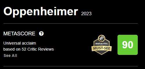 Oppenheimer está com 90 de nota no Metacritic (Foto: Reprodução/Metacritic)