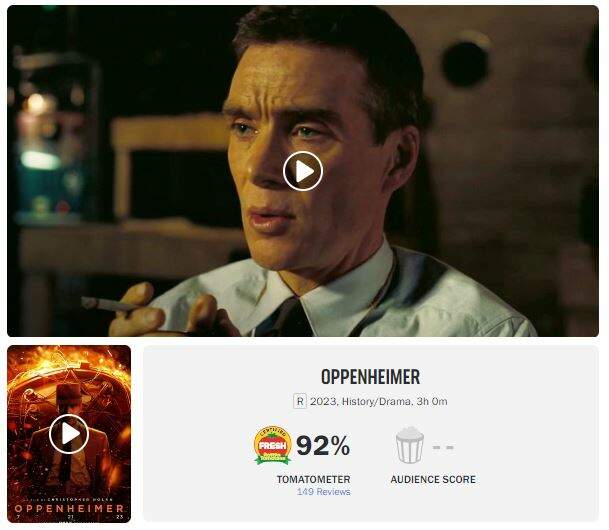 Oppenheimer está com o índice de aprovação de 92% no Rotten Tomatoes (Foto: Reprodução/ Rotten Tomatoes)