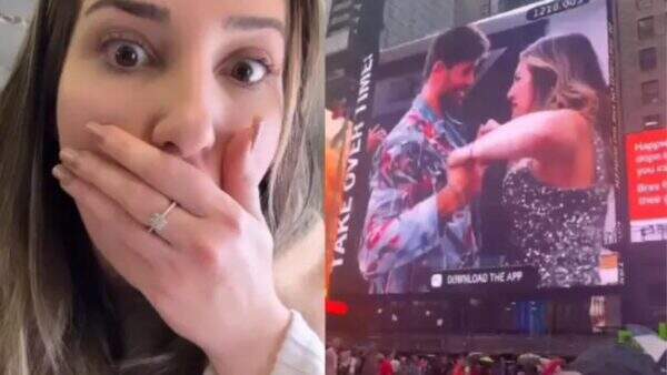 Após vaquinha dos fãs, Amanda Meirelles e Cara de Sapato aparecem na Times Square e mensagem é exibida
