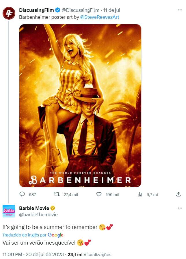 Print da resposta da conta oficial de "Barbie" no Twitter" (Reprodução/Twitter)