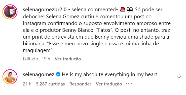 Selena Gomez comenta confirmação de namoro com Benny Blanco 