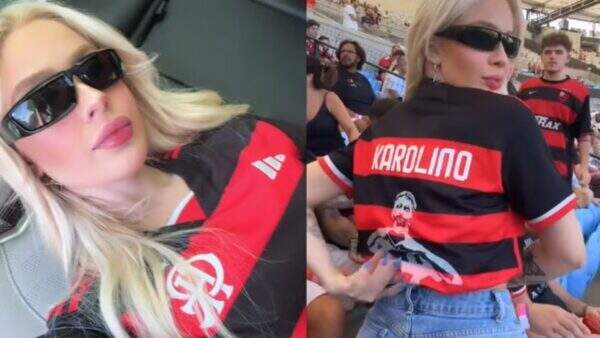 Karoline Lima usa camisa com detalhe inusitado para torcer pelo namorado em jogo do Flamengo