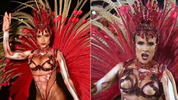 Vestido de Gabi Martins abre na frente e deixa volume à mostra durante o Carnaval