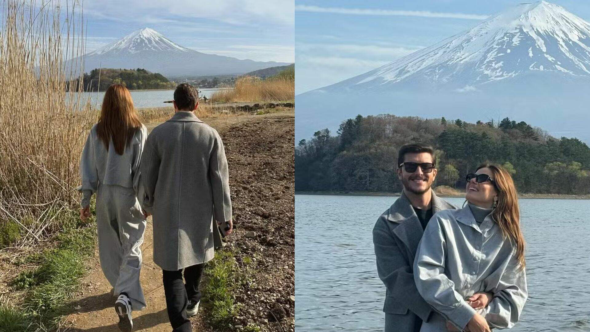 Camila Queiroz e Klebber Toledo posam agarradinhos em frente ao Monte Fuji; veja as fotos - Metropolitana FM