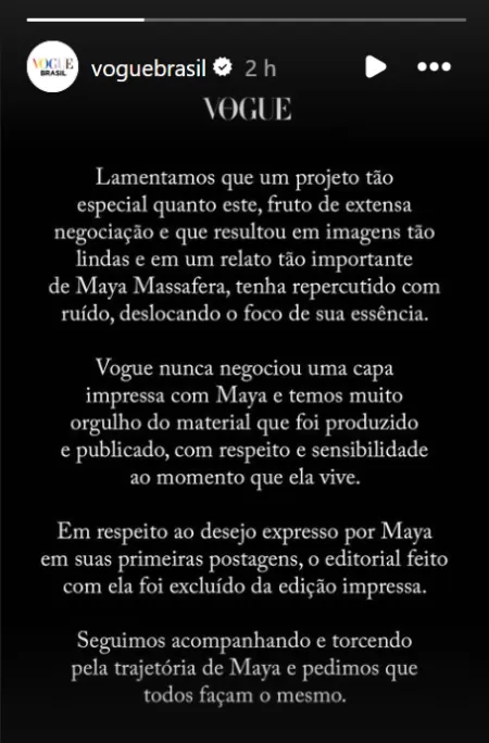 Vogue Brasil usou as redes sociais para responder Maya Massafera