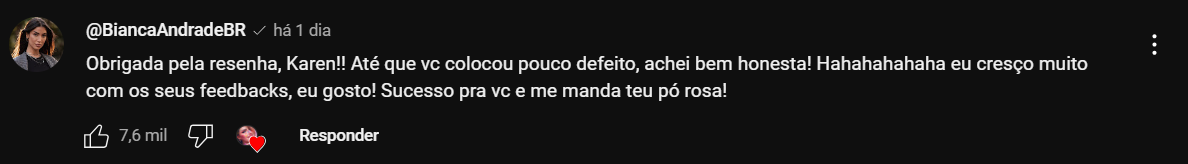 Bianca Andrade comenta no vídeo de Karen Bachini