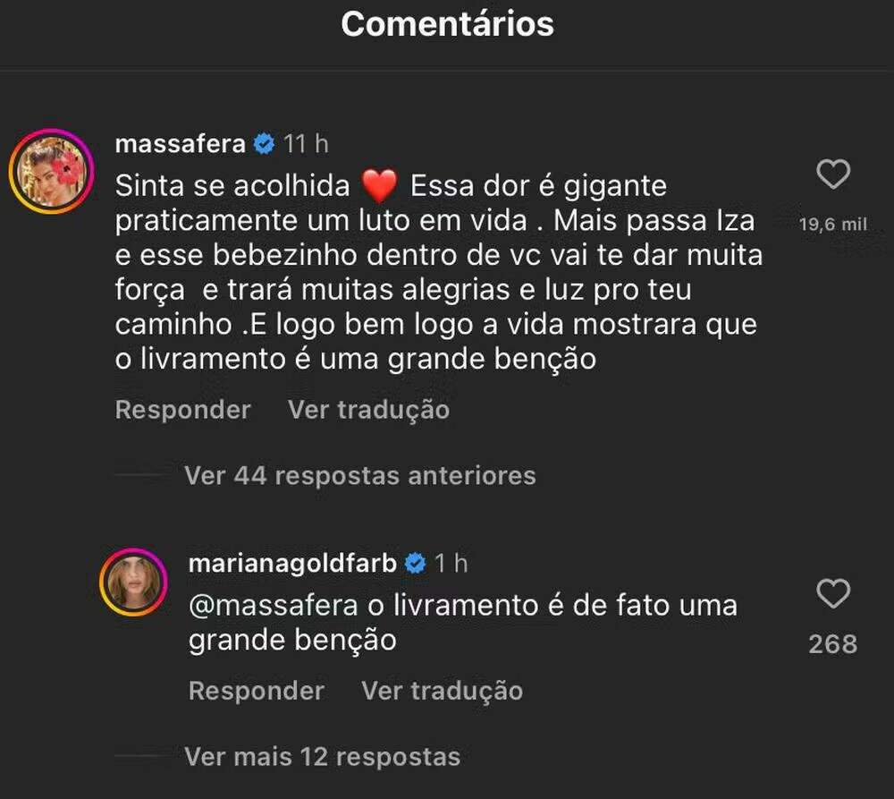 Mariana Goldfarb apoia recado de Grazi Massafera no post de Iza