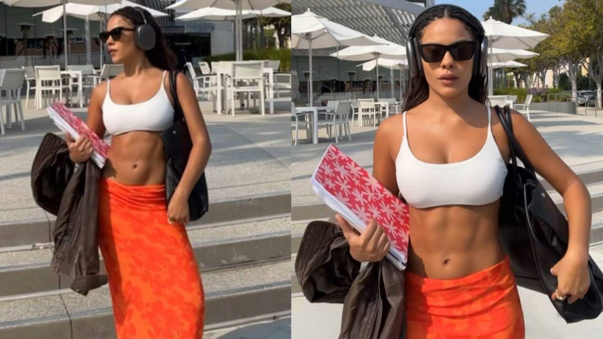 Bella Campos ostenta abdômen com tanquinho ao usar look de cintura baixa