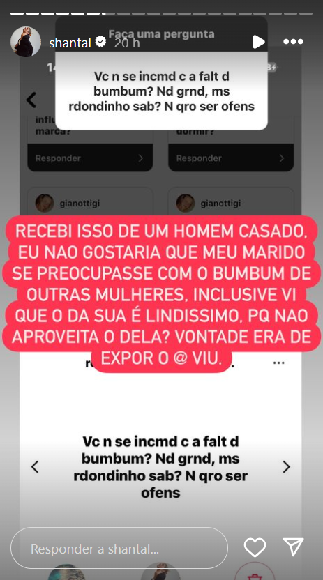 Shantal expõe mensagem de homem casado criticando seu bumbum