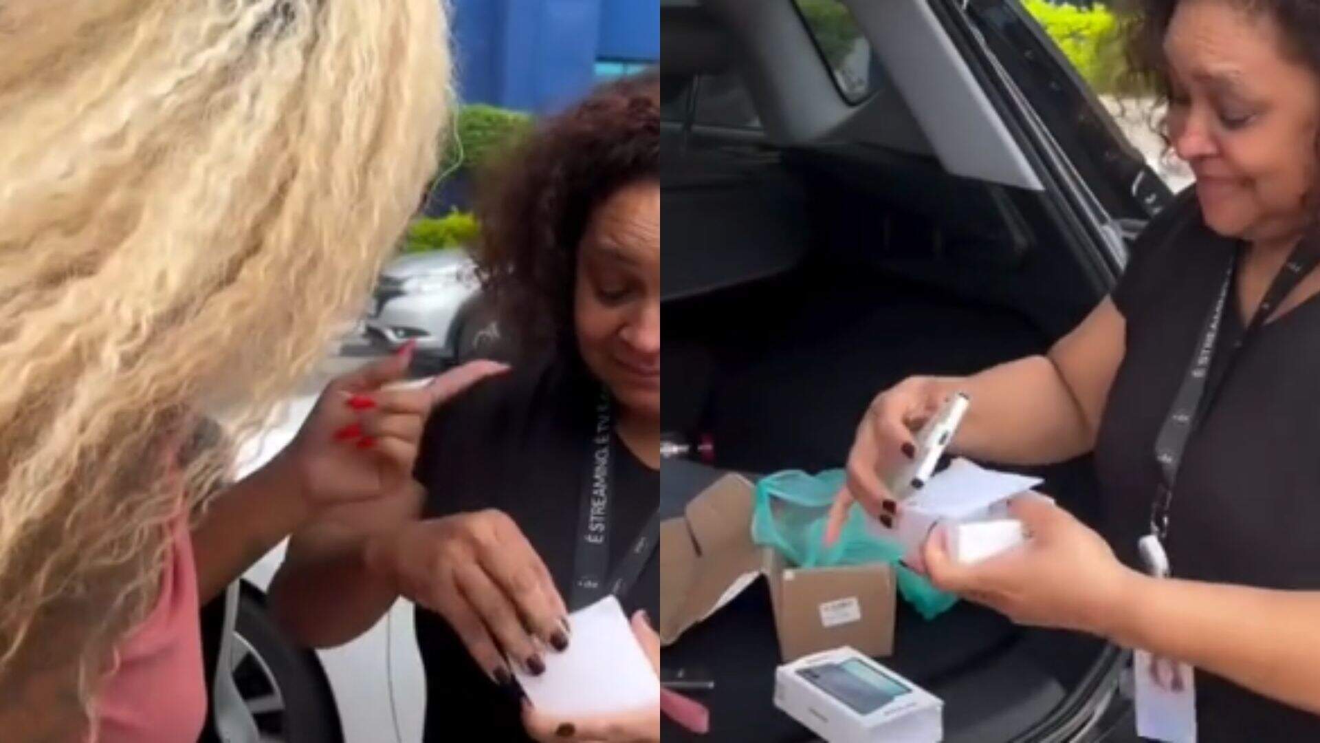 Cariúcha presenteia funcionária do SBT com celular novo