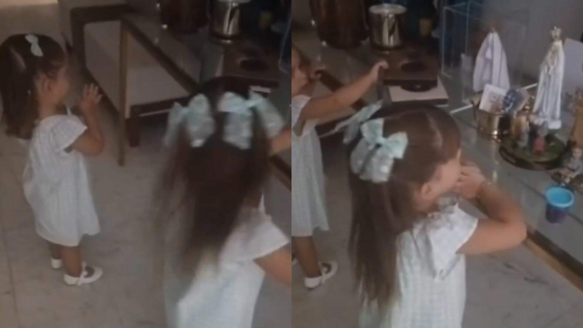 Alice e Maria Flor rezam enquanto esperam para irem à missa