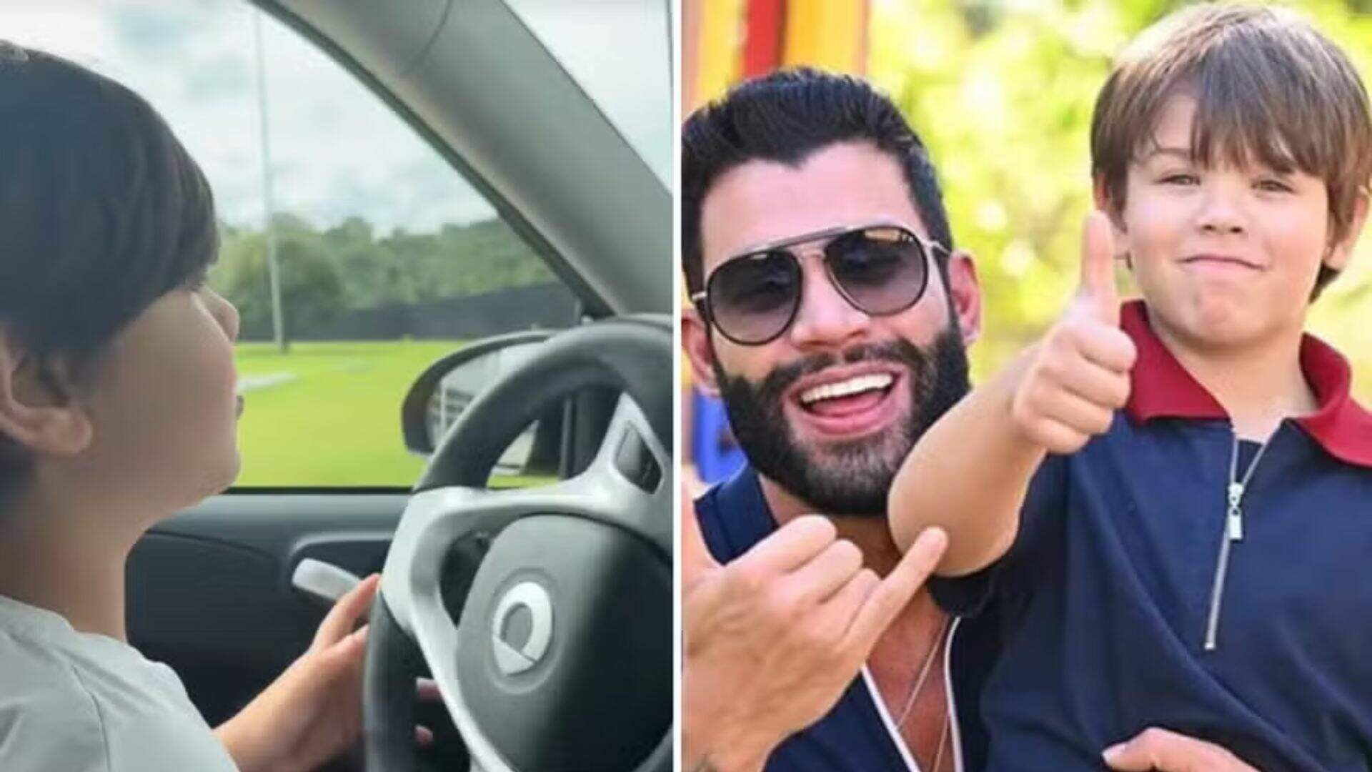Aos 7 anos, filho de Gusttavo Lima surge dirigindo carro na fazenda do cantor