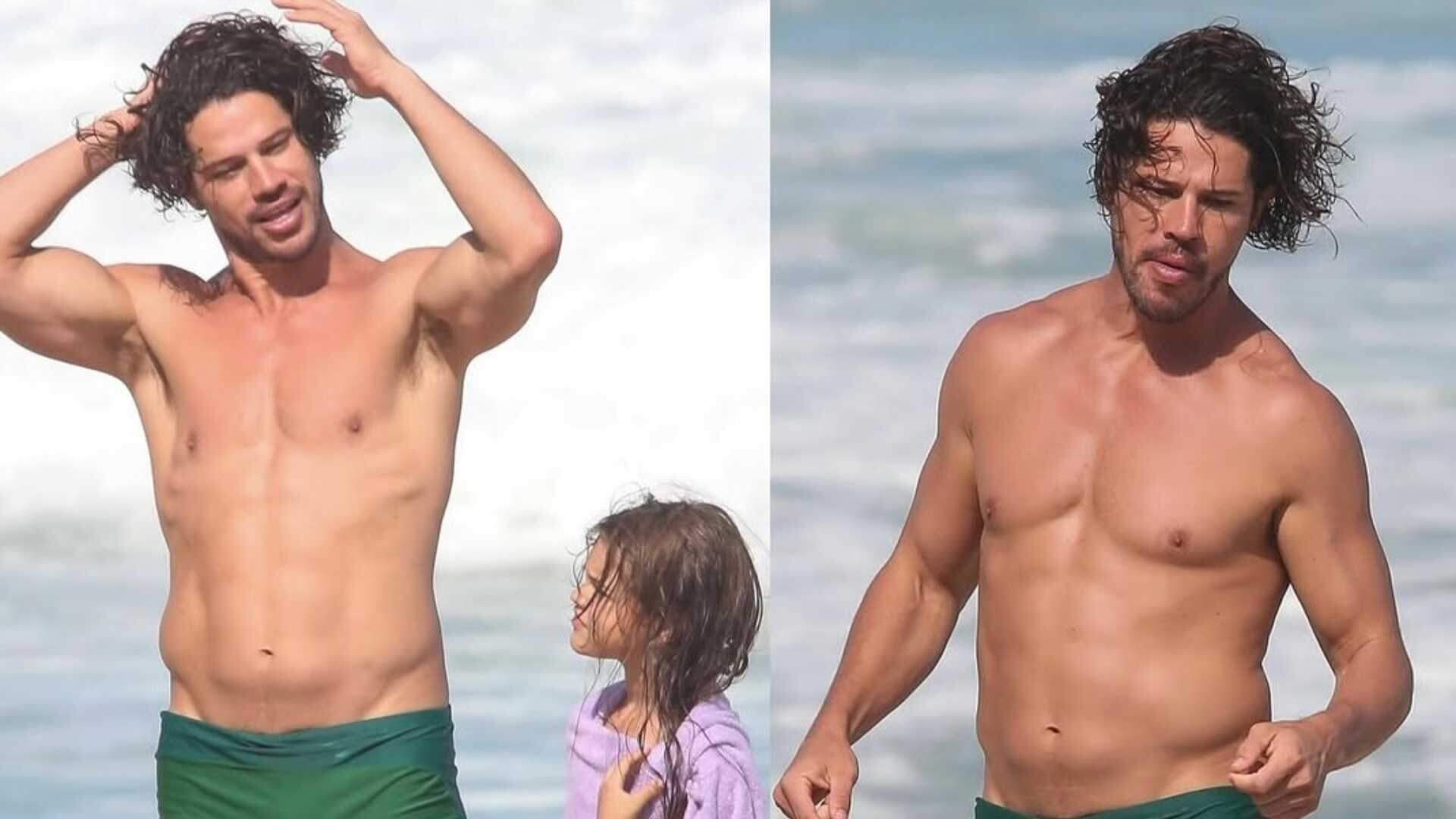 José Loreto curte dia de praia com a filha Bella no Rio de Janeiro