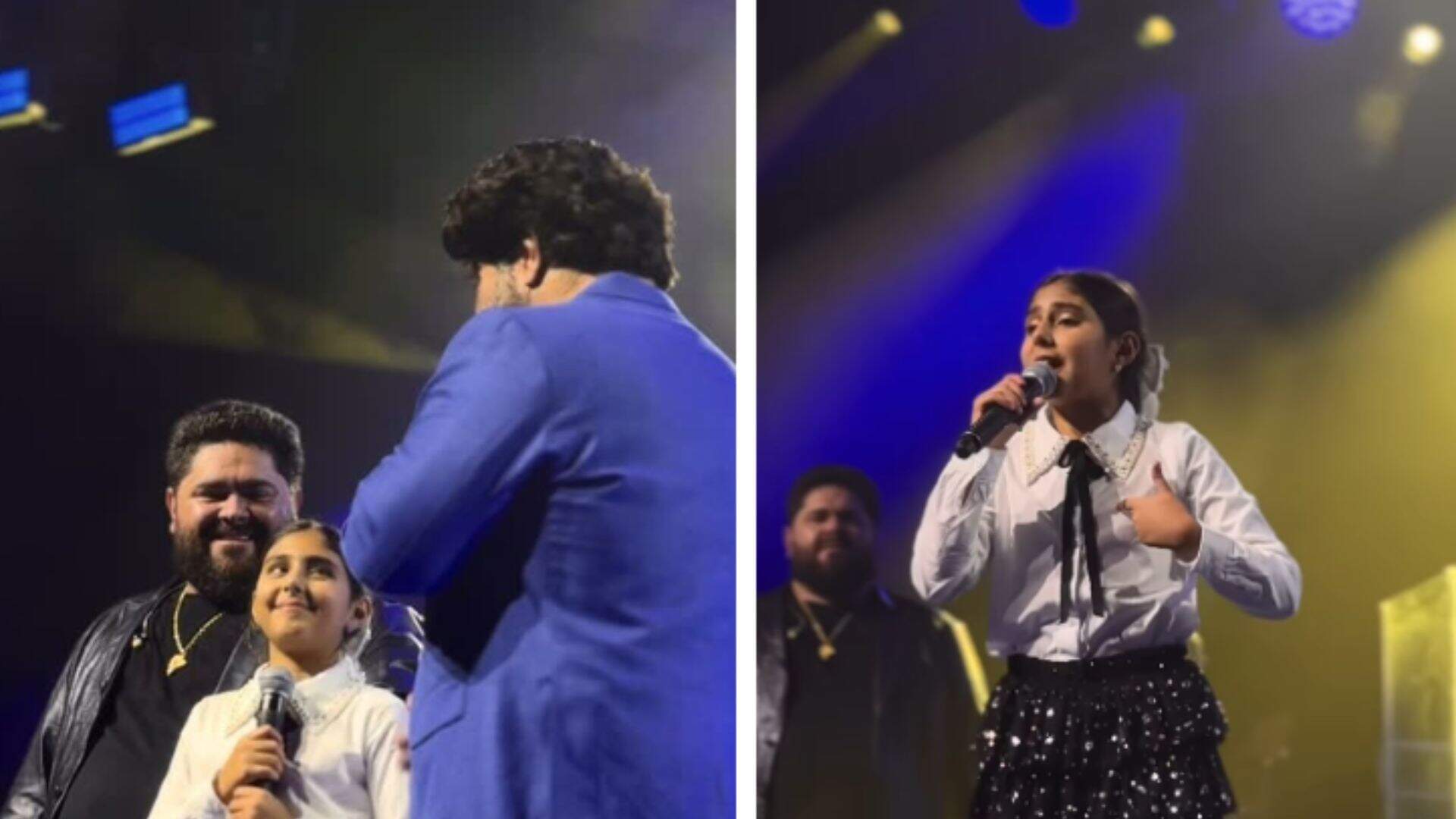 Filha de Fabiano, da dupla com César Menotti, canta no show do pai e apaixona